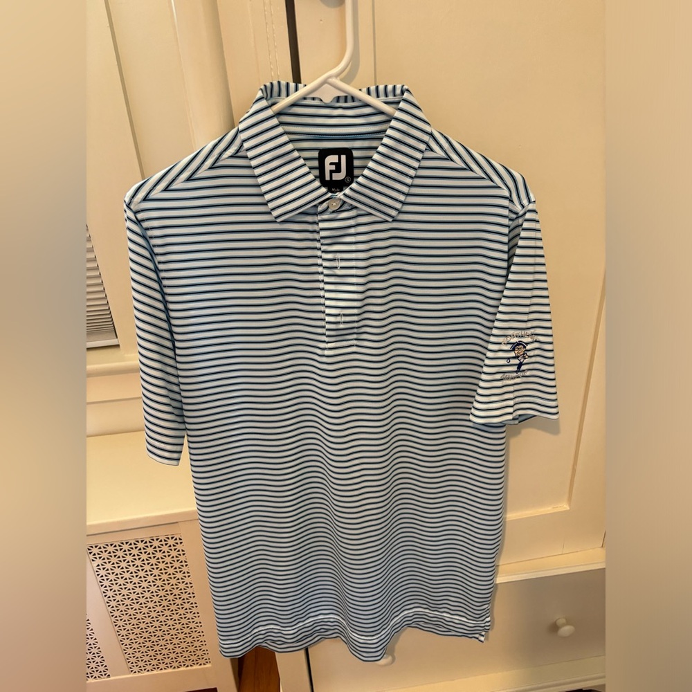 FootJoy Polo; Color: White w/ Blue Stripes; Size: Small; Northeast Amateur Logo